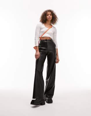 Topshop Tall Faux Leather Wide Leg Pants In Black