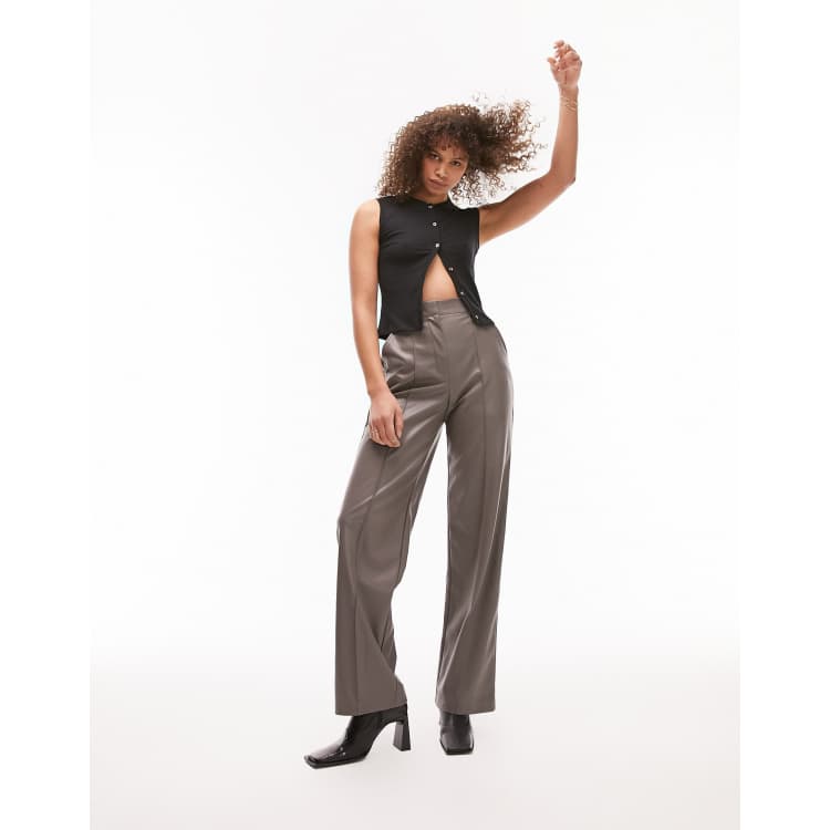 Topshop Tall faux leather wide leg tailored pants in taupe