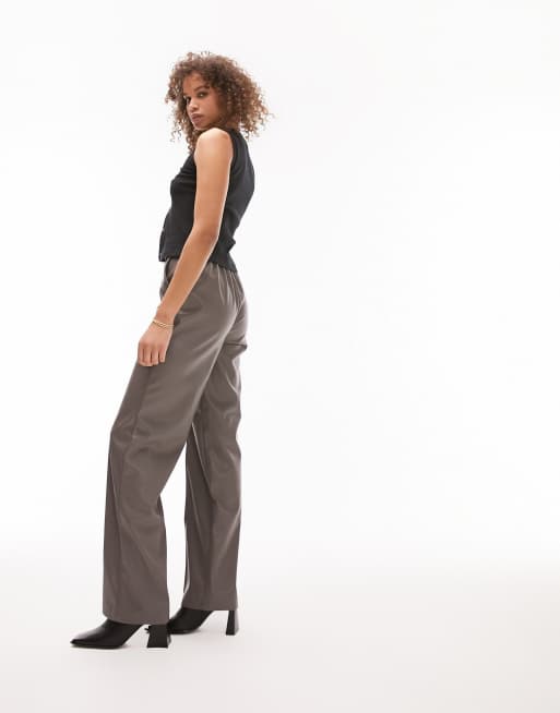 Topshop Tall faux leather wide leg tailored pants in taupe