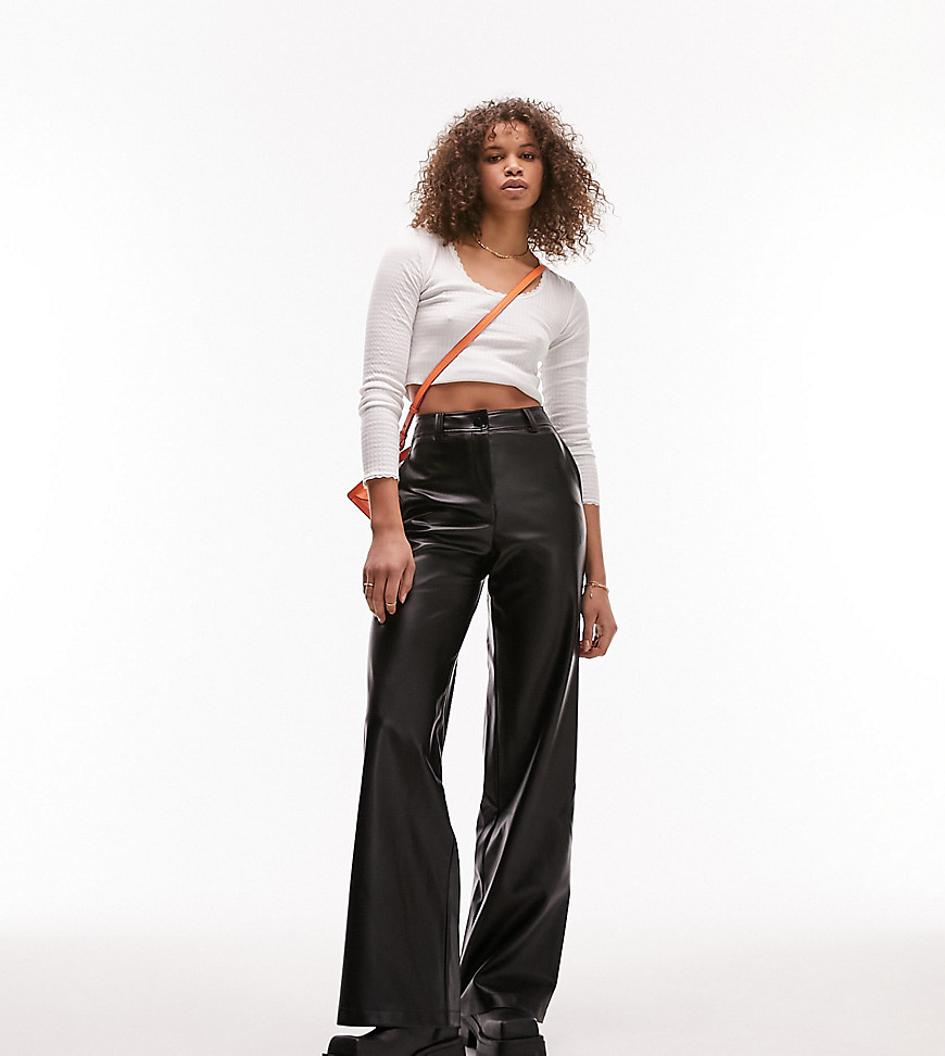 Topshop Tall faux leather wide leg trouser in black