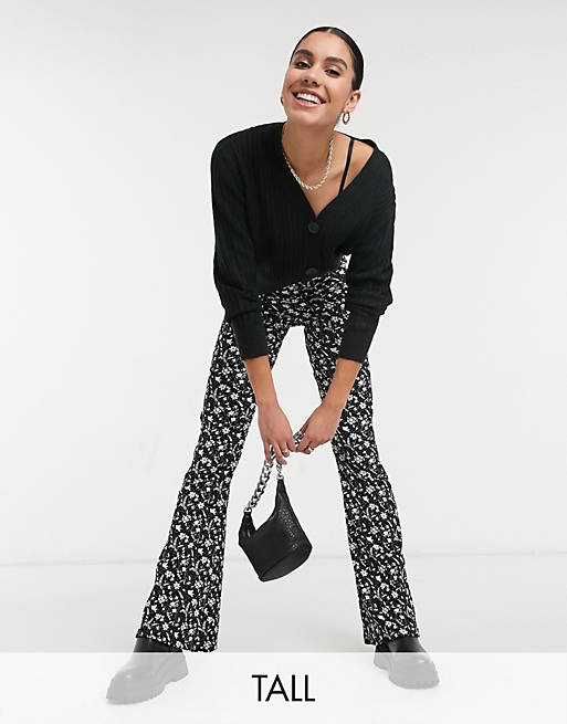Topshop Tall floral flared trousers in black & white | ASOS