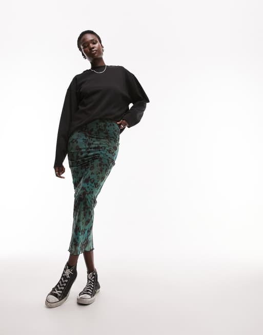 Topshop Tall floral mesh midi skirt in dark green , 2 of 4