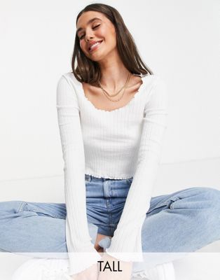 Topshop Tall frill edge rib pointelle top in white