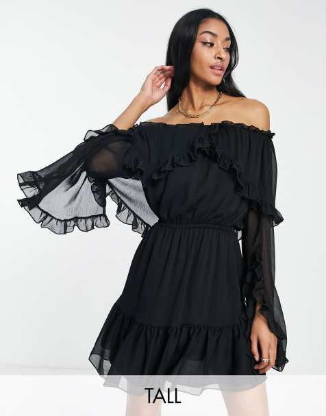 Topshop Tall frill ruffle bardot mini dress in black