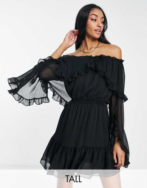 Topshop Tall frill ruffle bardot mini dress in black