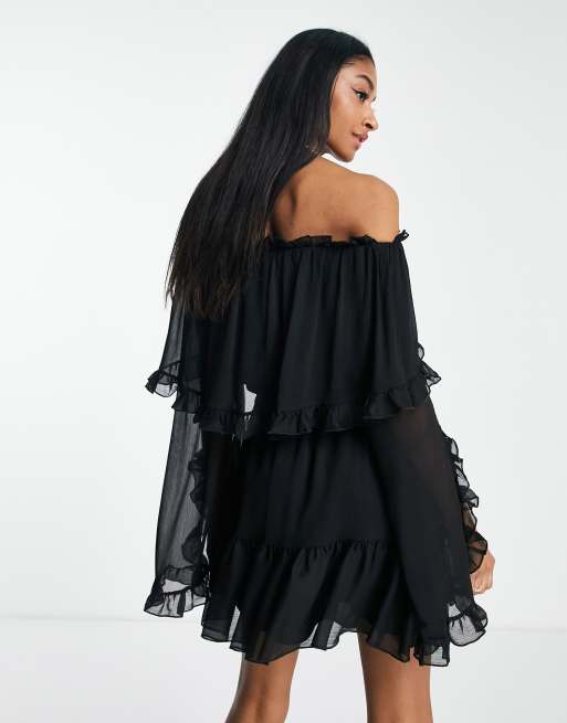 Black ruffle bardot clearance dress