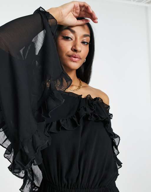 Black ruffle shop bardot dress