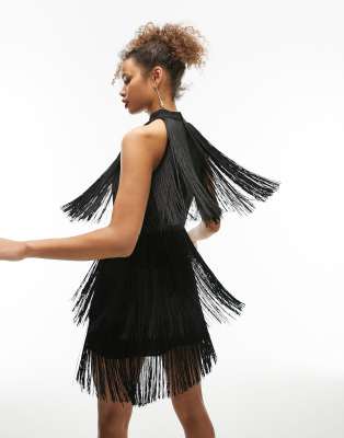 Topshop Tall fringe mini dress in black