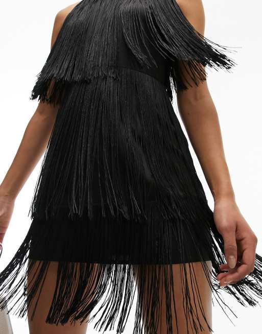 Topshop Tall fringe mini dress in black ASOS