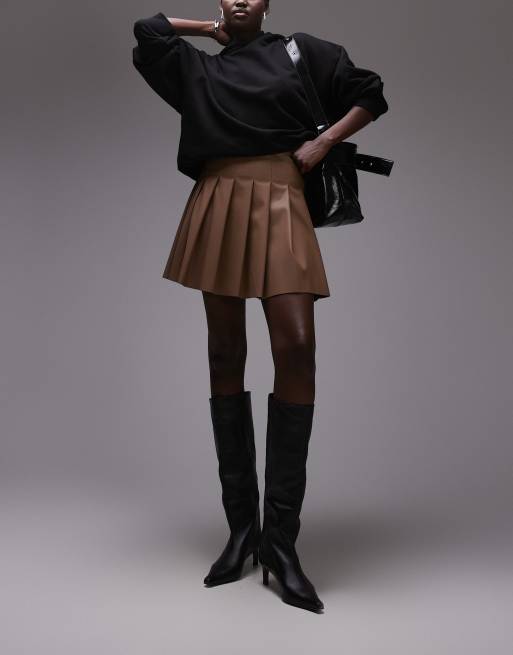 Topshop Tall - Geplooide mini rok van imitatieleer in koffiebruin