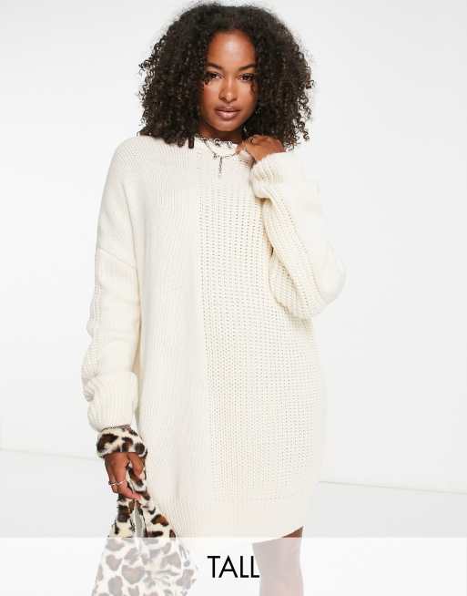 Topshop Tall - Geribbelde gebreide jurk met ronde hals in crème