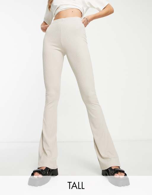 Topshop Tall - Geribbelde skinny flare-broek in stone