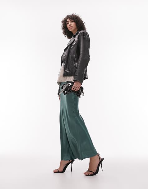 Topshop Tall - Gonna lunga in raso verde bosco con taglio sbieco - view 1