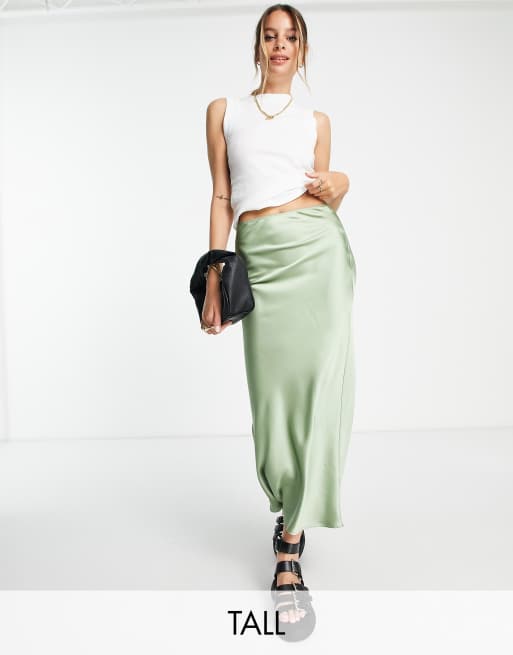 Topshop Tall - Gonna midi asimmetrica in raso kaki chiaro