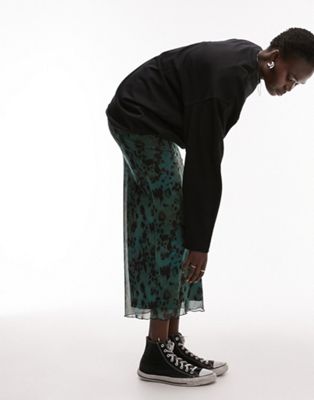 Topshop Tall floral mesh midi skirt in dark green  - ASOS Price Checker