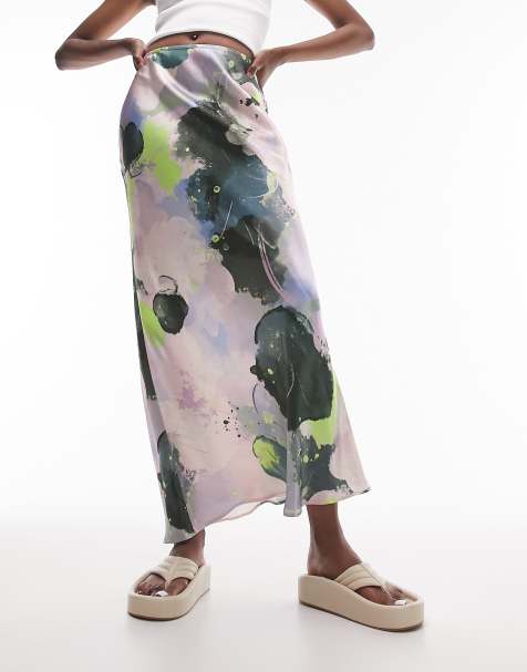 Topshop Tall graffiti print satin bias maxi skirt in multi - view 1