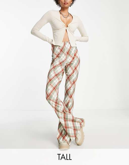 Topshop Tall high rise bengaline flared pants with side slits in plaid print