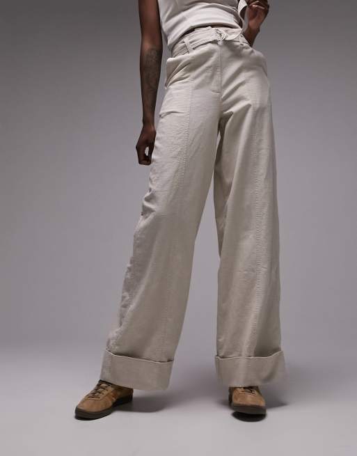 Topshop high waist belted wide leg pants with turn back hem in ecru