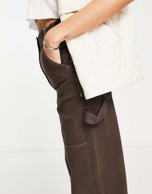 Topshop Tall high waisted workwear straight leg cargo pants in chocolate, 2 of 4