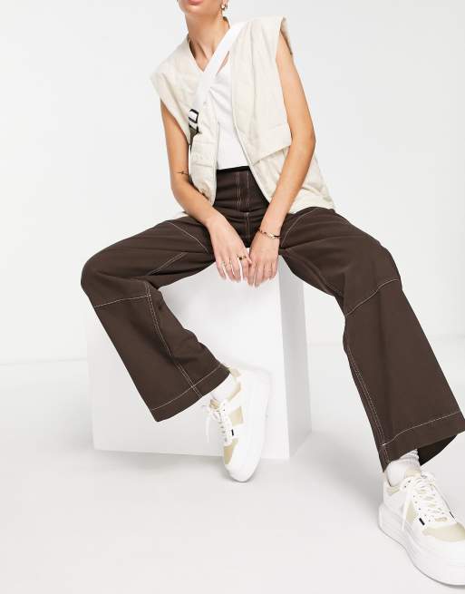 Topshop Tall high waisted workwear straight leg cargo pants in chocolate, 4 of 4