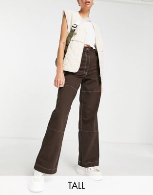 Topshop Tall high waisted workwear straight leg cargo trouser in chocolate
