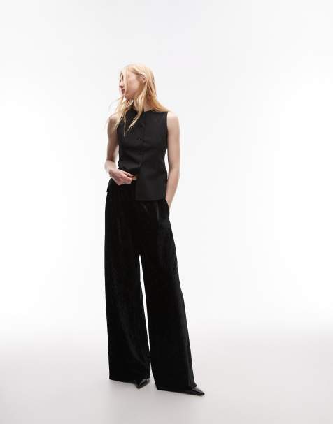 Topshop Tall – Hose aus schwarzem Knittersamt mit weitem Bein und schmalem Bund - view 1