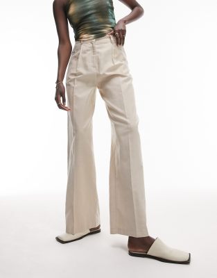 Topshop Tall - Hose mit weitem Bein aus Leinenmix in neutralem Farbton