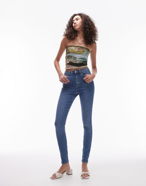Topshop Tall - Jamie - jeans brown blu medio a vita alta
