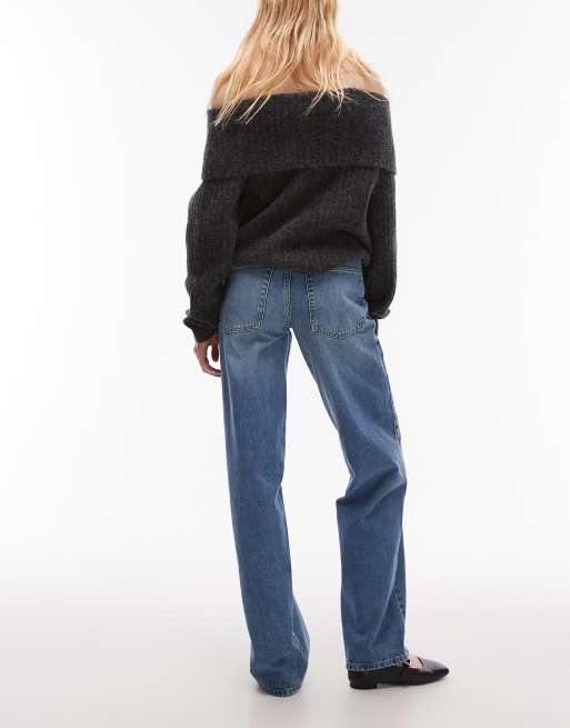 Topshop Tall - Jean décontracté à taille basse avec patte réglable - Bleu moyen, 3 de 5