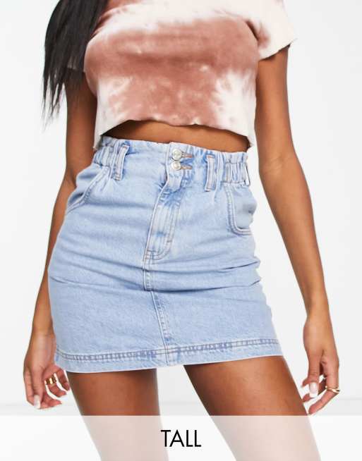 Topshop Tall – Jeansowa spódnica z talią paperbag i efektem wybielenia