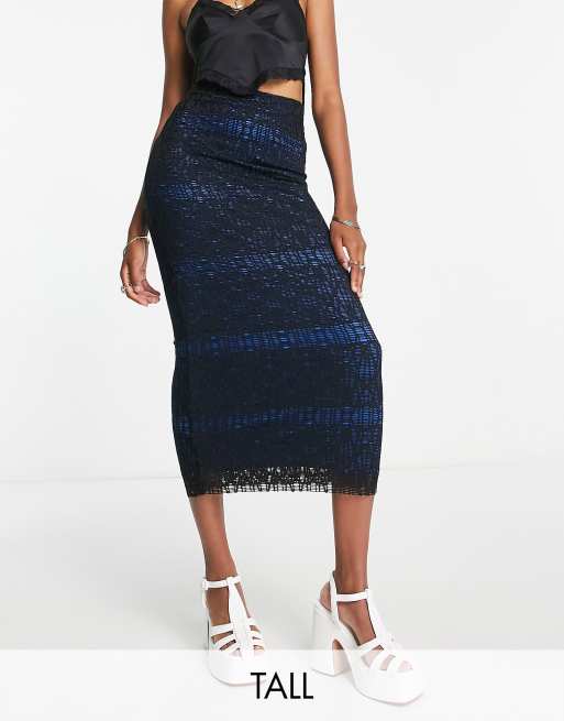 Topshop Tall - Jersey en kanten midi kokerrok met contrasterende voering in zwart en kobaltblauw