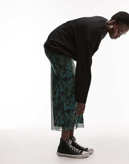 Topshop Tall - Jupe mi-longue à fleurs en tulle - Vert foncé 