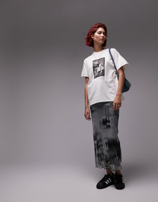 Topshop Tall - Jupe mi-longue fendue en tulle à imprimé photographique - Noir et blanc