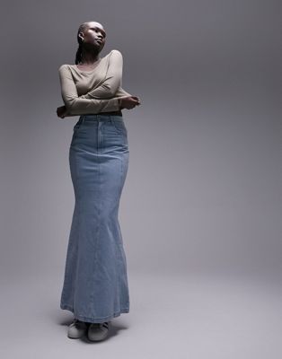 Topshop Tall highwaist denim fishtail skirt in bleach - ASOS Price Checker