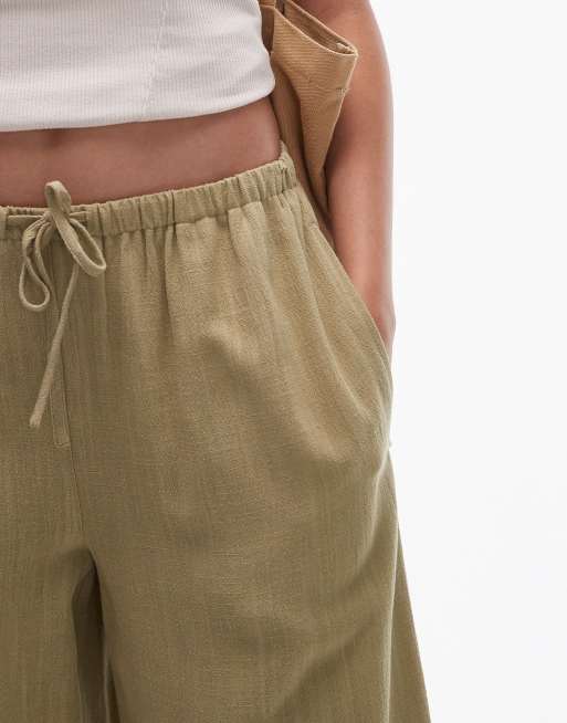 Topshop Tall - Kakigrønne hørbukser med bindebånd i taljen, 3 af 5