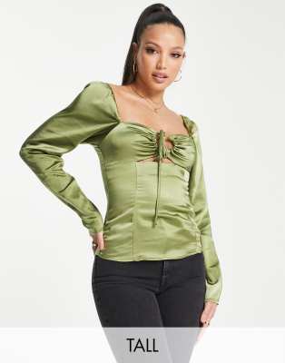 Topshop tall key hole halter blouse in khaki - ASOS Price Checker