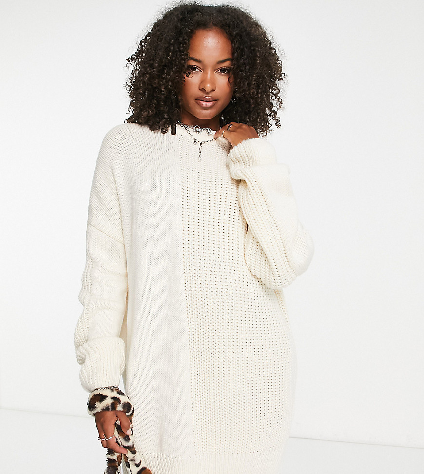 Topshop Tall knit ribbed crew neck dress in cream-White