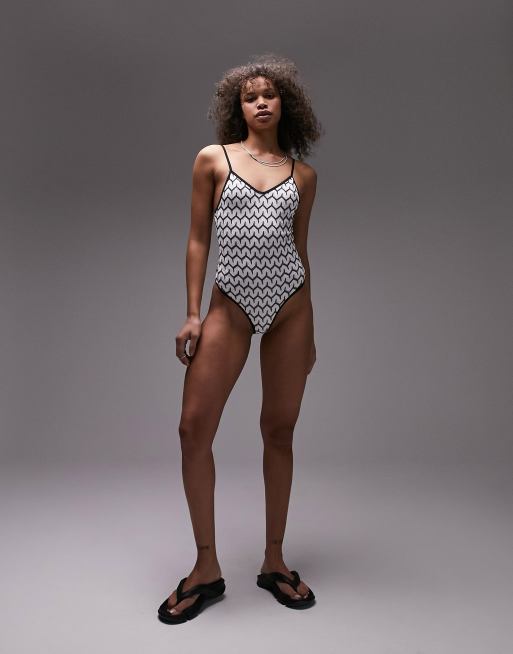 Topshop Tall knit swimsuit in monochrome