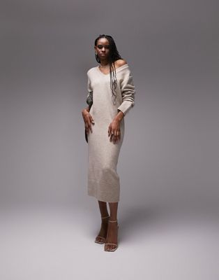 Topshop Tall knit v maxi dress in neutral