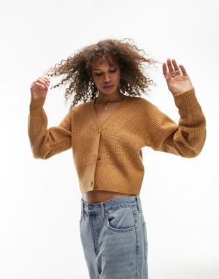 Topshop Tall knitted textured crop cardigan in camel - ASOS Price Checker