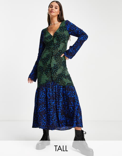 Topshop Tall – Kolorowa wzorzysta sukienka midi z dekoltem w kształcie litery V z mieszanki wiskozy – MULTI