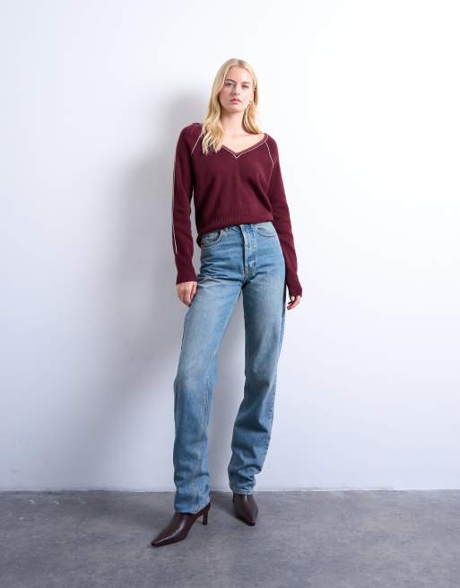 Topshop Tall - Kort - Jeans dritti a vita alta blu medio