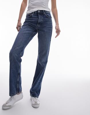 Topshop Tall - Kort - Jeans in Mittelblau mit geradem Schnitt und hohem Bund