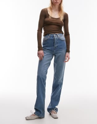 Topshop Tall - Kort - Jeans in Mittelblau mit hohem Bund