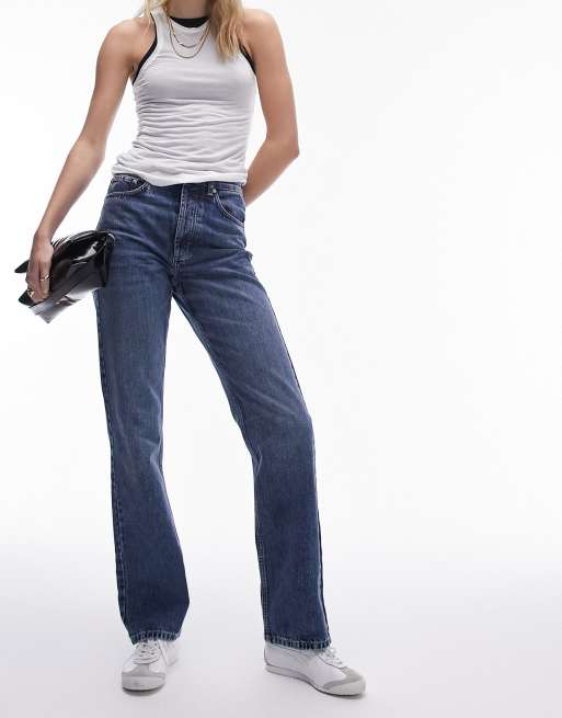 Topshop Tall Kort Jeans In Mid Blue