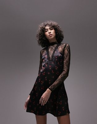 Topshop Tall lace and print mix mini dress in multi