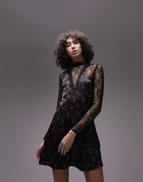 Topshop Tall lace and print mix mini dress in multi - view 1