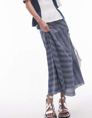 Topshop Tall Laundered Cutabout Midi Skirt In Multi Indigo Stripe