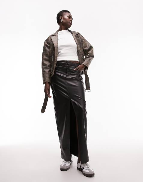 Topshop Tall leather look denim styled maxi skirt in black - view 1