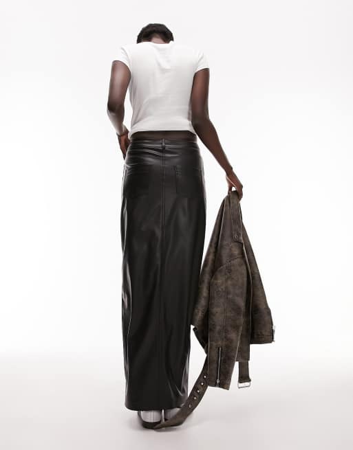 Topshop Tall leather look denim styled maxi skirt in black